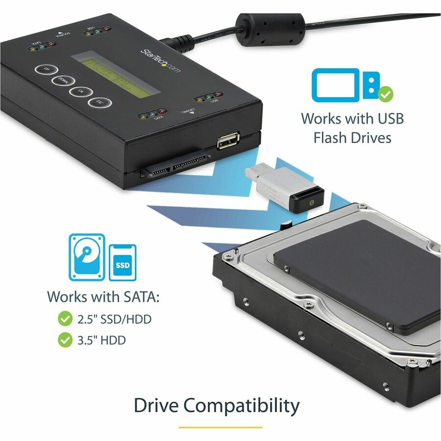 StarTech.com Hard Drive and USB Thumb Drive Duplicator/Eraser, USB Flash and SATA HDD/SSD Disk Cloner/Copier and Wiper, Toolless Sanitizer SU2DUPERA11