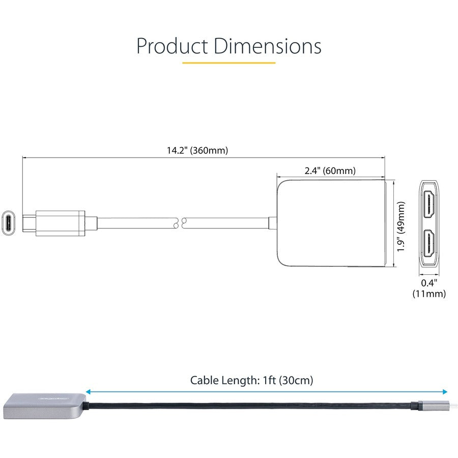 StarTech.com USB-C to Dual HDMI Adapter, USB Type-C Multi-Monitor MST Hub, Dual 4K 60Hz HDMI Laptop Display Extender / Splitter, Windows MST14CD122HD