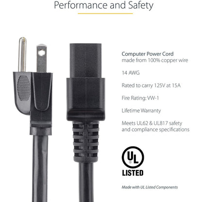 StarTech.com 3ft (1m) Heavy Duty Power Cord, NEMA 5-15P to C19, 15A 125V, 14AWG, Computer Power Cord, Heavy Gauge Power Cable PXT515C19143