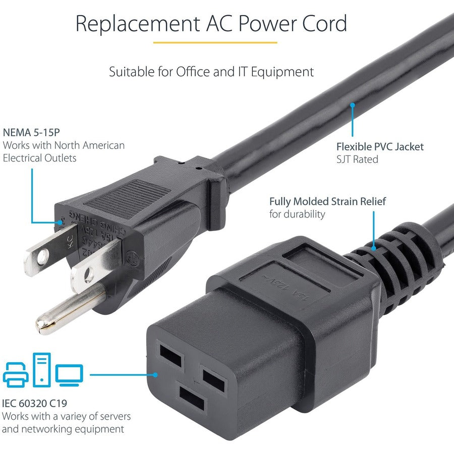 StarTech.com 3ft (1m) Heavy Duty Power Cord, NEMA 5-15P to C19, 15A 125V, 14AWG, Computer Power Cord, Heavy Gauge Power Cable PXT515C19143