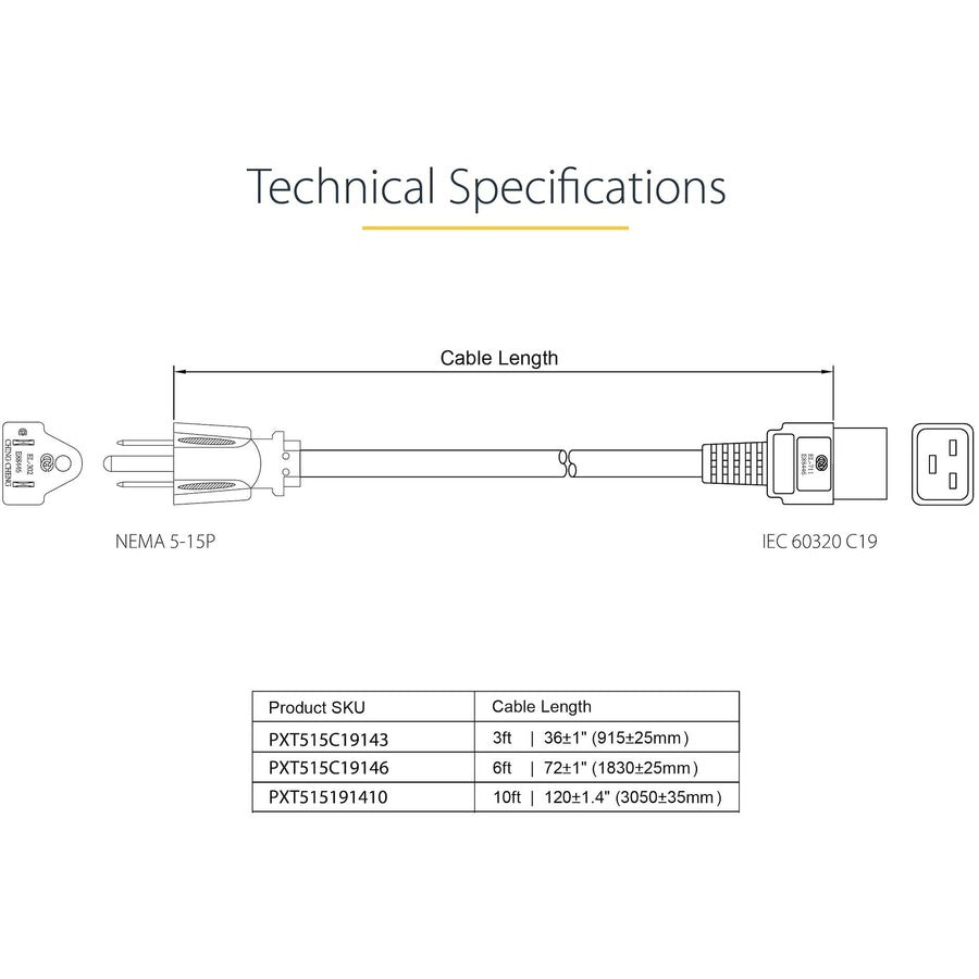 StarTech.com 3ft (1m) Heavy Duty Power Cord, NEMA 5-15P to C19, 15A 125V, 14AWG, Computer Power Cord, Heavy Gauge Power Cable PXT515C19143