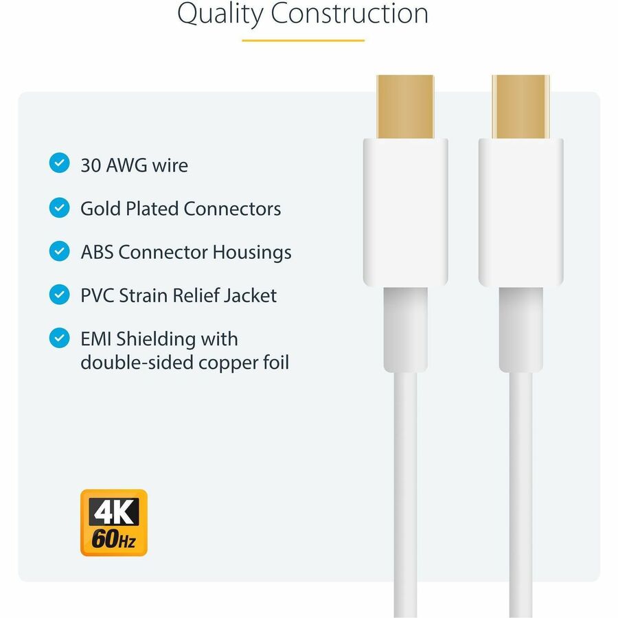 StarTech.com 6ft (2m) Mini DisplayPort Cable, 4K x2K Ultra HD Video, Mini DisplayPort 1.2 Cable, Mini DP Cable for Monitor, White mDP Cord MDPMM2MW