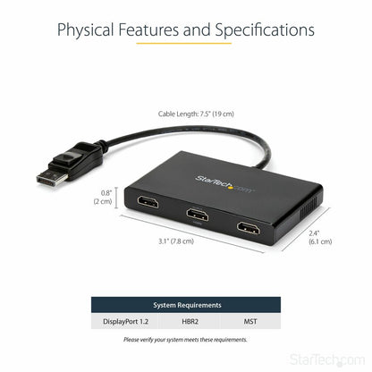 StarTech.com 3-Port Multi Monitor Adapter, DisplayPort to 3x HDMI MST Hub, Triple 1080p, Video Splitter for Extended Desktop Mode, Windows MSTDP123HD