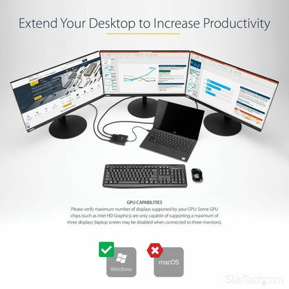 StarTech.com 3-Port Multi Monitor Adapter, DisplayPort to 3x HDMI MST Hub, Triple 1080p, Video Splitter for Extended Desktop Mode, Windows MSTDP123HD