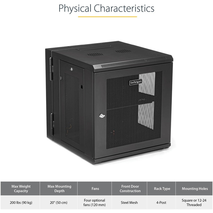 StarTech.com 12U 19" Wall Mount Network Cabinet - 20" Deep Hinged Locking IT Data Enclosure - Flexible Vented Rack w/Shelf - Switch Depth RK1224WALHM