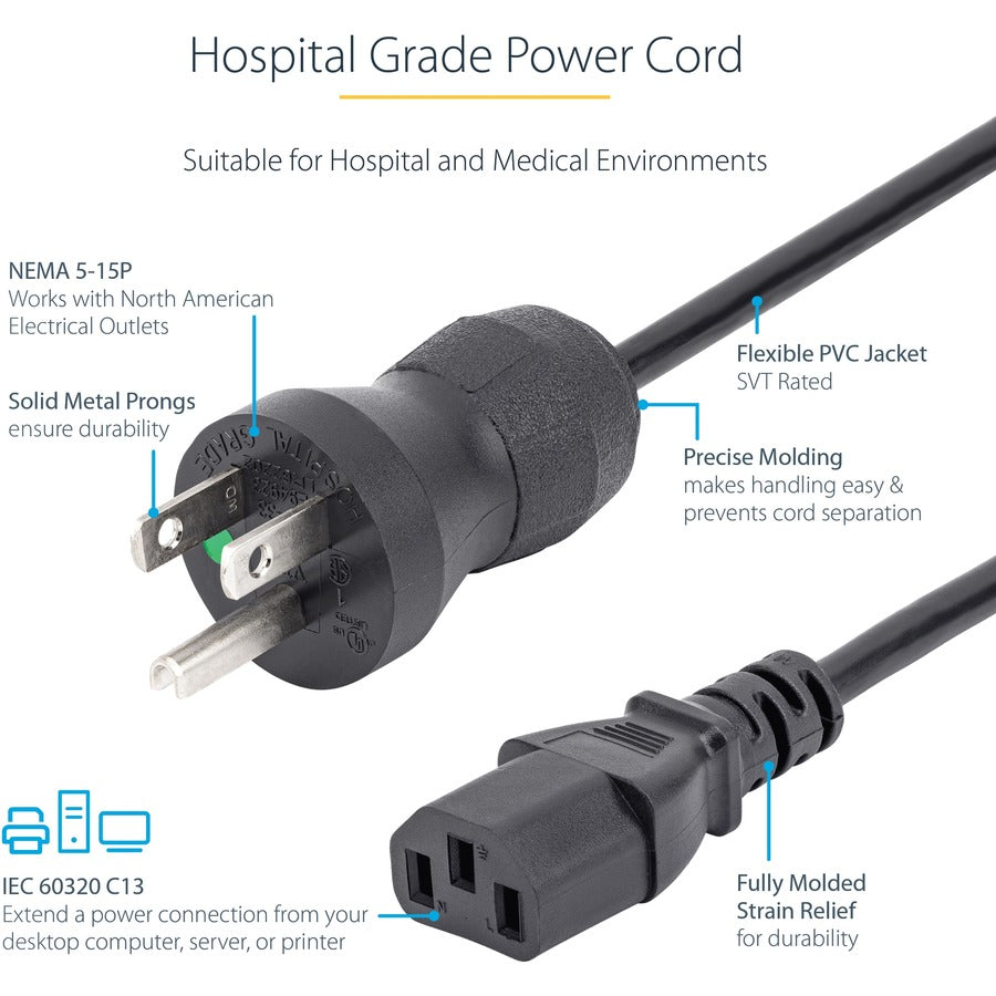 StarTech.com 3ft (1m) Hospital Grade Power Cord, 18AWG, NEMA 5-15P to C13, 10A 125V, Green Dot Medical Power Cable, Monitor Power Cable PXTMG1013