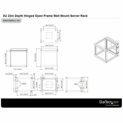 StarTech.com 4-Post 8U Hinged Wall-Mount Network Rack, 19" Open Frame Server Rack, Wall Mount Data Rack for IT Computer Equipment, TAA~ RK819WALLOH