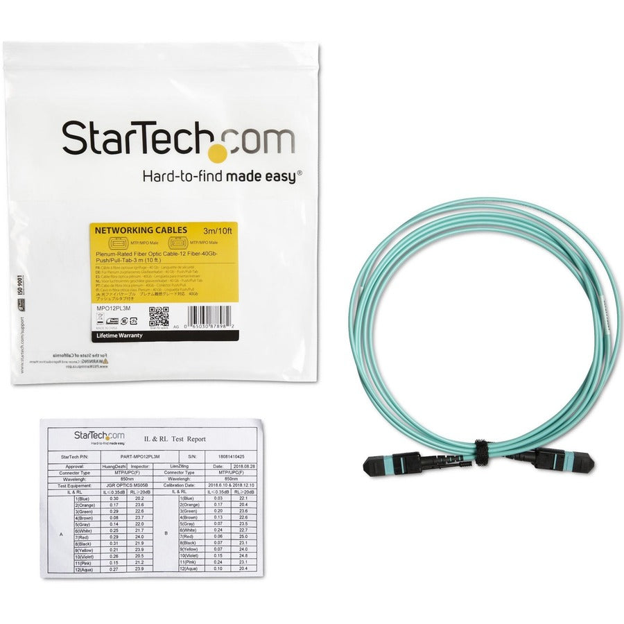 StarTech.com 3m (10ft) MTP(F)/PC OM3 Multimode Fiber Optic Cable, OFNP Plenum, 50/125&micro;m, 40G, Low Insertion Loss, MPO Fiber Jumper Cord MPO12PL3M