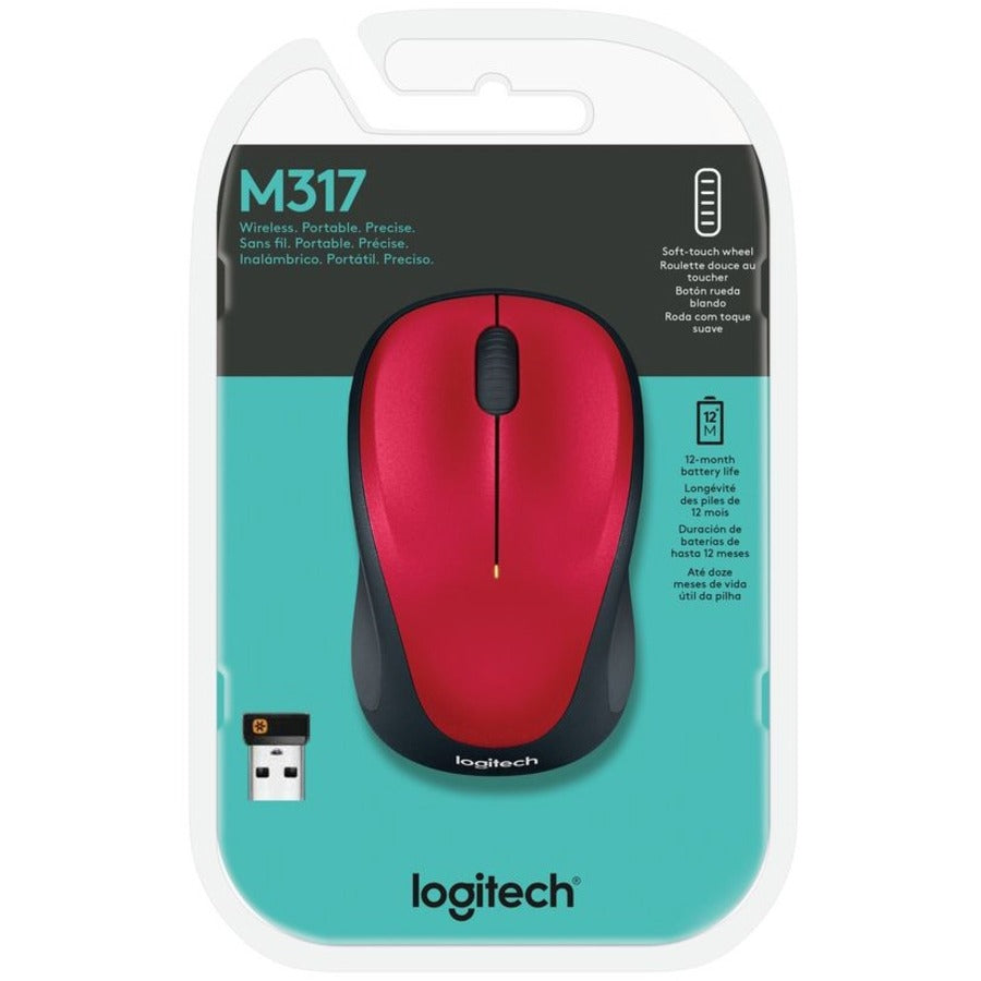 Logitech M317 Wireless Mouse, 2.4 GHz with USB Unifying Receiver, 1000 DPI Optical Tracking, 12 Month Battery, Compatible with PC, Mac, Laptop, Chromebook (Red) 910-002893