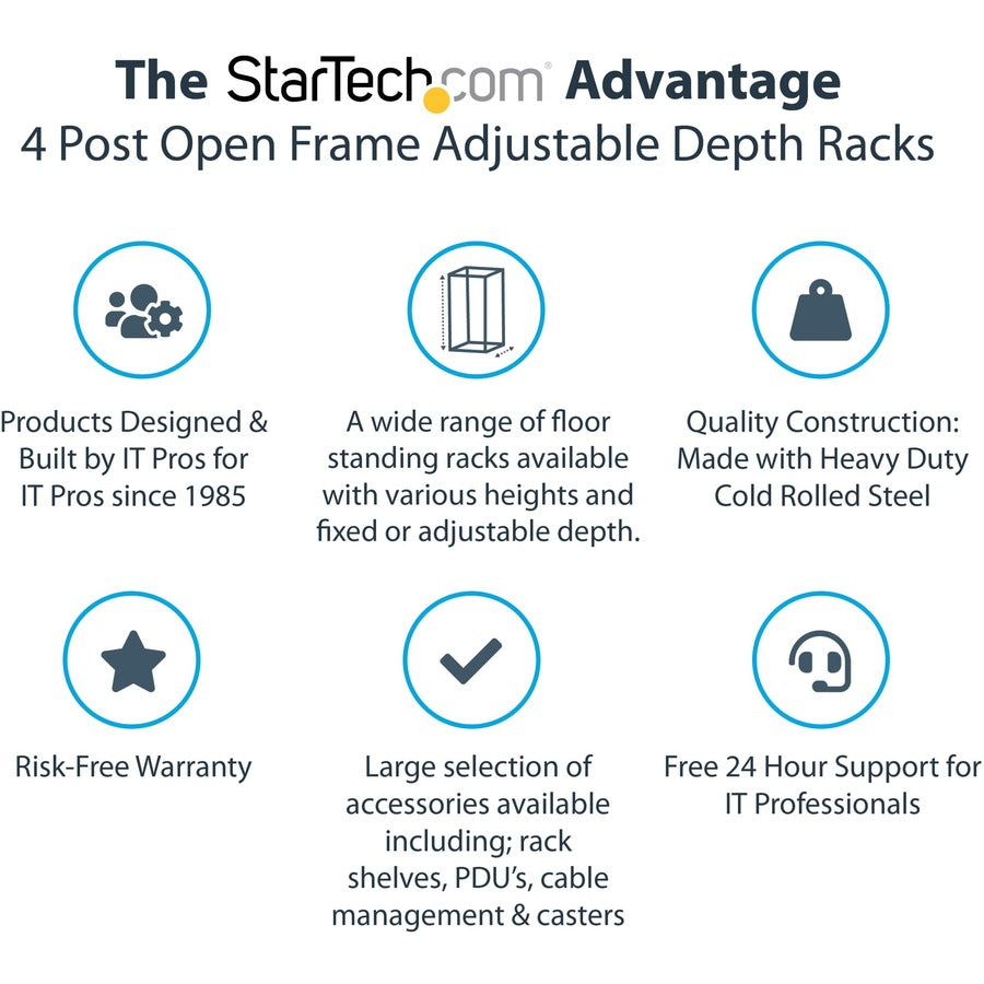 StarTech.com 4-Post 42U Mobile Open Frame Server Rack, 19" Network Rack with Casters, Rolling Rack for Computer/AV/Data/IT Equipment 4POSTRACK42