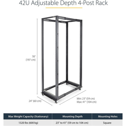 StarTech.com 4-Post 42U Mobile Open Frame Server Rack, 19" Network Rack with Casters, Rolling Rack for Computer/AV/Data/IT Equipment 4POSTRACK42