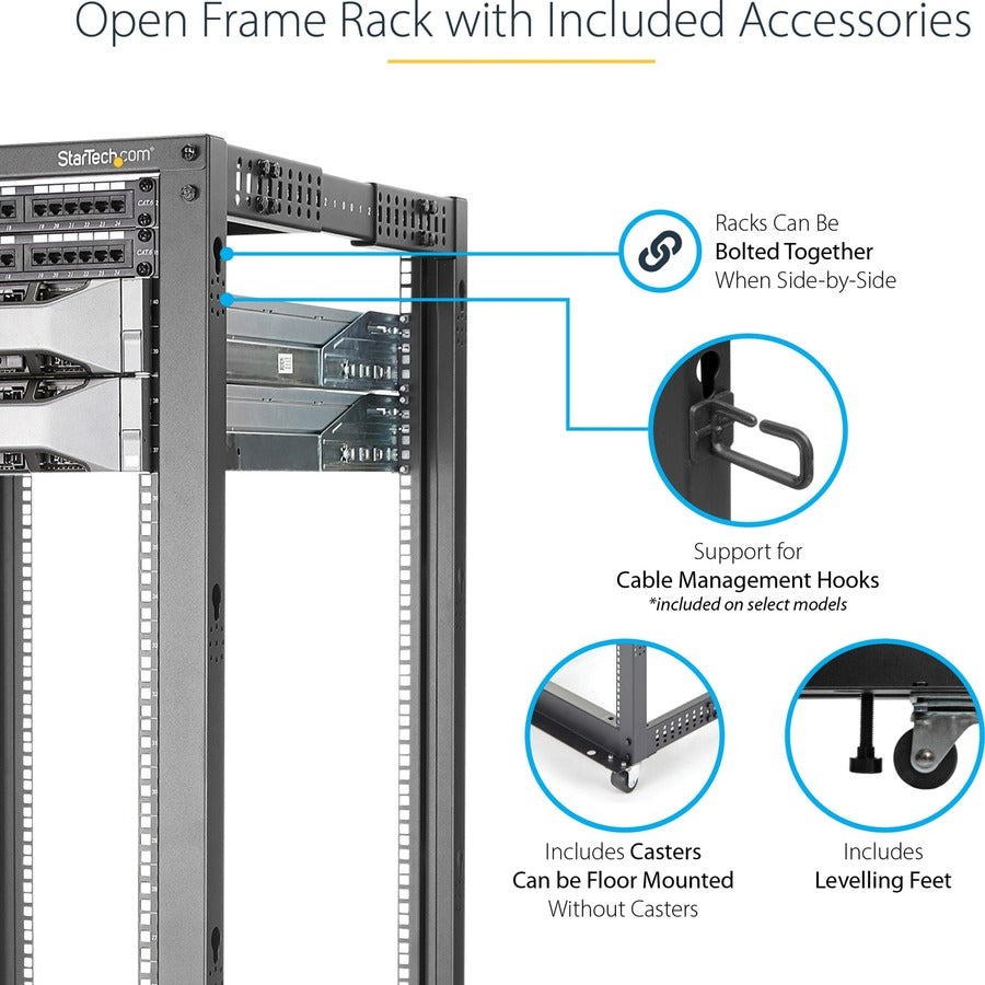 StarTech.com 4-Post 42U Mobile Open Frame Server Rack, 19" Network Rack with Casters, Rolling Rack for Computer/AV/Data/IT Equipment 4POSTRACK42