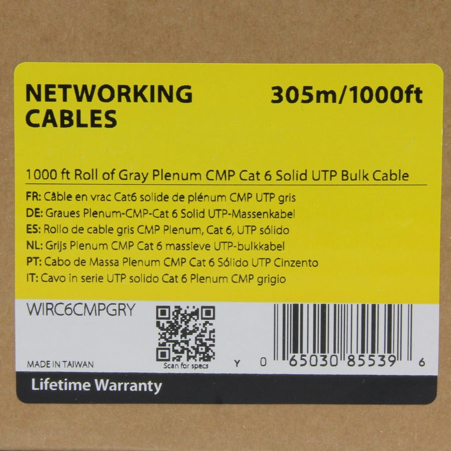StarTech.com Bulk Cat 6 Ethernet Cable - 1000 ft. - Solid - CMP/FT6 Plenum Fire Rating - ETL Verified - Gray - TAA Compliant WIRC6CMPGRY
