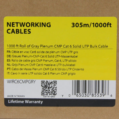 StarTech.com Bulk Cat 6 Ethernet Cable - 1000 ft. - Solid - CMP/FT6 Plenum Fire Rating - ETL Verified - Gray - TAA Compliant WIRC6CMPGRY