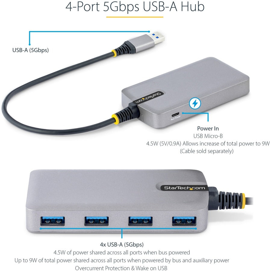 StarTech.com 4-Port USB Hub, USB 3.0 5Gbps, Bus Powered, USB-A to 4xA w/ Optional Auxiliary Power, Portable Laptop USB Hub, 1ft/30cm Cable 5G4AB-USB-A-HUB