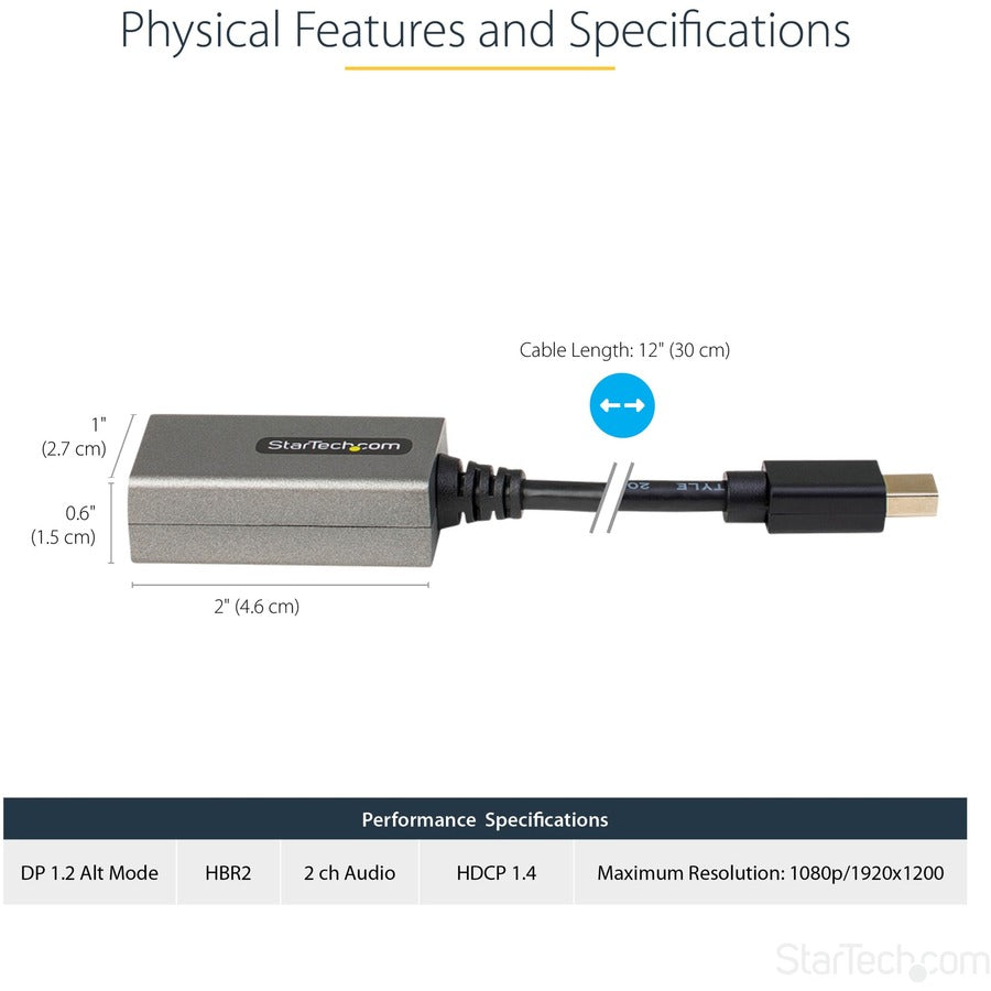 StarTech.com Mini DisplayPort to HDMI Adapter, mDP to HDMI Adapter Dongle, 1080p, Mini DP 1.2 to HDMI Video Converter, 12" Long Cable MDP2HDEC