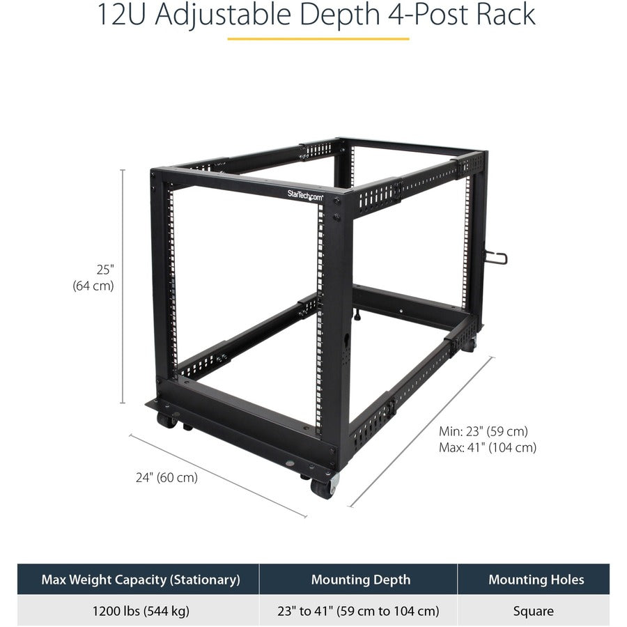 StarTech.com 4-Post 12U Mobile Open Frame Server Rack, 19" Network Rack with Casters, Rolling Rack for Computer/AV/Data/IT Equipment 4POSTRACK12U