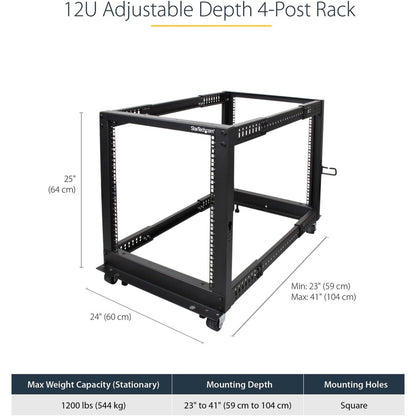 StarTech.com 4-Post 12U Mobile Open Frame Server Rack, 19" Network Rack with Casters, Rolling Rack for Computer/AV/Data/IT Equipment 4POSTRACK12U