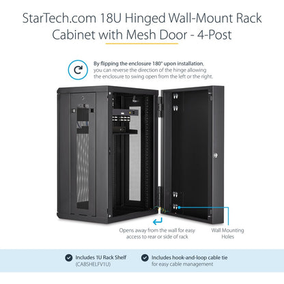 StarTech.com 18U 19" Wall Mount Network Cabinet - 16" Deep Hinged Locking Flexible IT Data Equipment Rack Vented Switch Enclosure w/Shelf RK1820WALHM