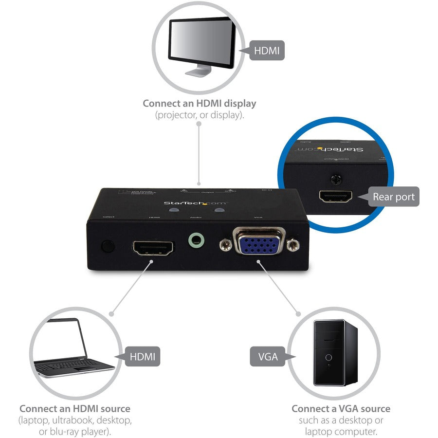 StarTech.com 2x1 HDMI + VGA to HDMI Converter Switch w/ Automatic and Priority Switching - 1080p VS221VGA2HD