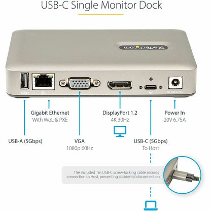 StarTech.com USB C Dock, USB-C to DisplayPort 4K 30Hz or VGA, 65W PD3.0, 4-Port USB 3.1 Gen 1 Hub, GbE, Universal USB C Docking Station DKM30CHDPD