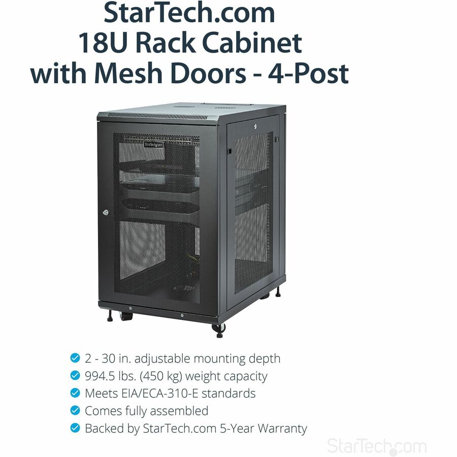 StarTech.com 4-Post 18U Server Rack Cabinet, 19" Data Rack Cabinet for Computer / IT Equipment, Home Network Rack, Half Height Server Rack RK1833BKM