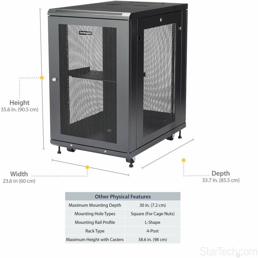 StarTech.com 4-Post 18U Server Rack Cabinet, 19" Data Rack Cabinet for Computer / IT Equipment, Home Network Rack, Half Height Server Rack RK1833BKM