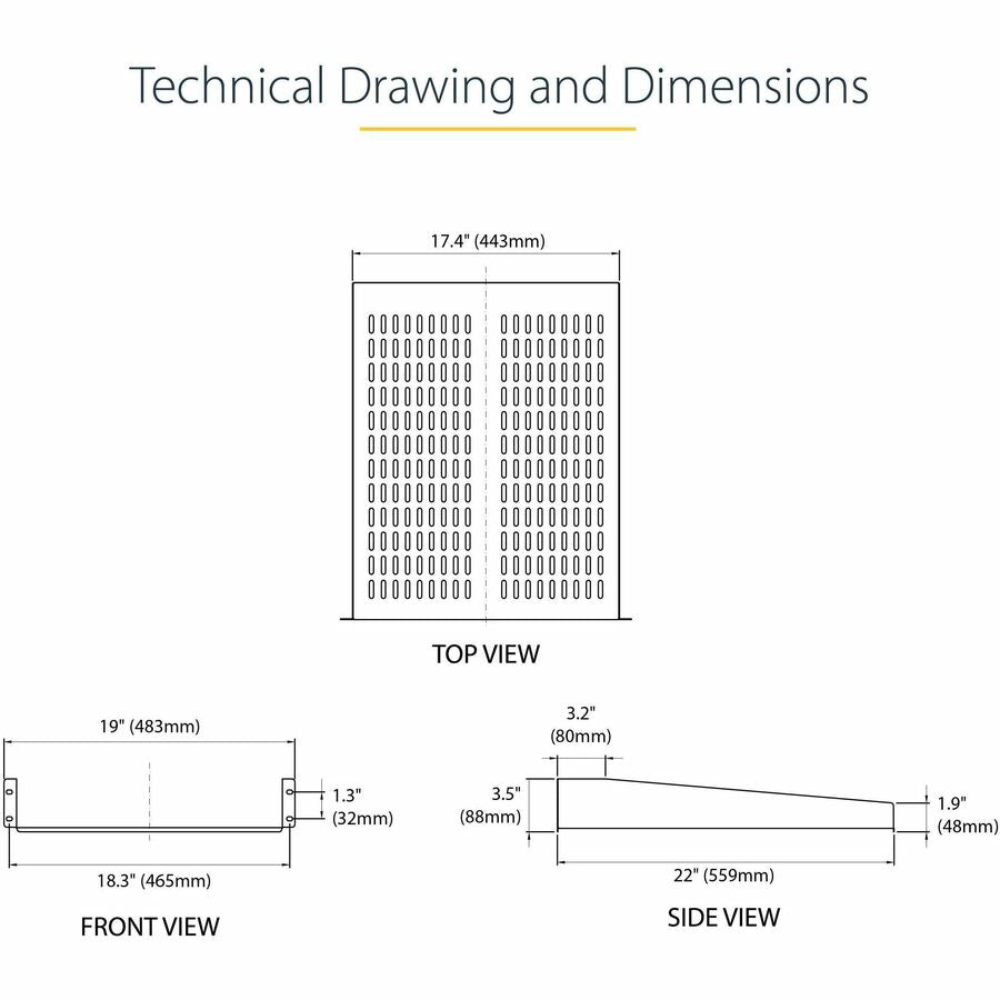 StarTech.com 2U 22in Vented Rack Mount Shelf - Fixed 22 inch Deep antilever Rackmount Tray for Server Rack Cabinet Shelf - 50lbs / 23kg CABSHELF22V
