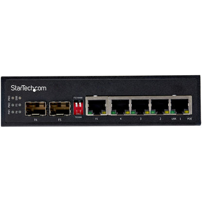 StarTech.com Industrial 6 Port Gigabit Ethernet Switch 4 PoE RJ45 +2 SFP Slots 30W PoE+ 48VDC 10/100/1000 Mbps -40C to 75C w/DIN Connector IES1G52UPDIN