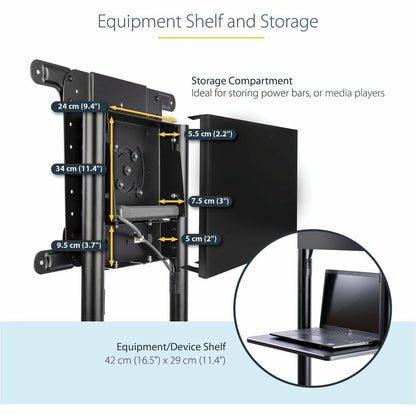 StarTech.com Mobile TV Cart, Portable Rolling TV Stand, 37-70 inch VESA Display Mount (154lb/70kg), Shelf & Storage, Rotate/Tilt Display MBLTVSTNDEC