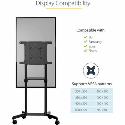 StarTech.com Mobile TV Cart, Portable Rolling TV Stand, 37-70 inch VESA Display Mount (154lb/70kg), Shelf & Storage, Rotate/Tilt Display MBLTVSTNDEC