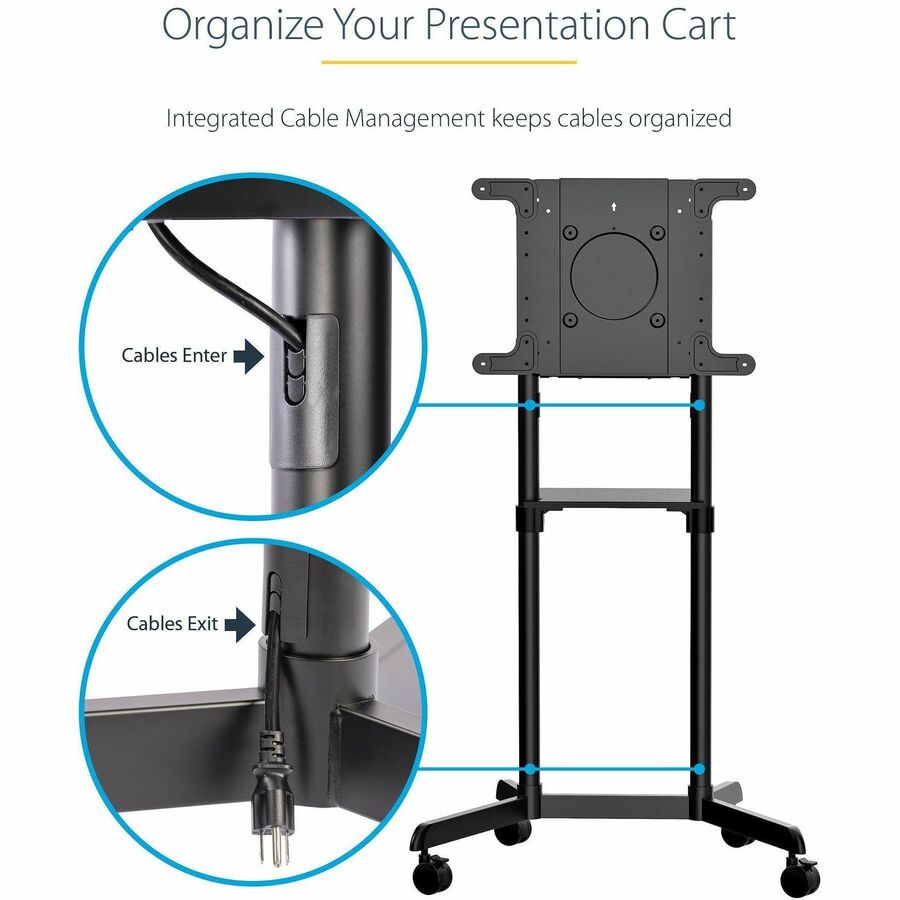 StarTech.com Mobile TV Cart, Portable Rolling TV Stand, 37-70 inch VESA Display Mount (154lb/70kg), Shelf & Storage, Rotate/Tilt Display MBLTVSTNDEC