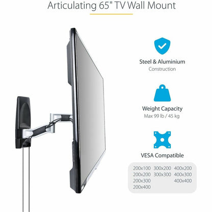 StarTech.com Articulating TV Wall Mount, VESA Wall Mount TV Bracket for 65 inch/99lb/Curved TVs, Corner Adjustable Low Profile Wall Mount TV-WALL-MOUNT-65FS