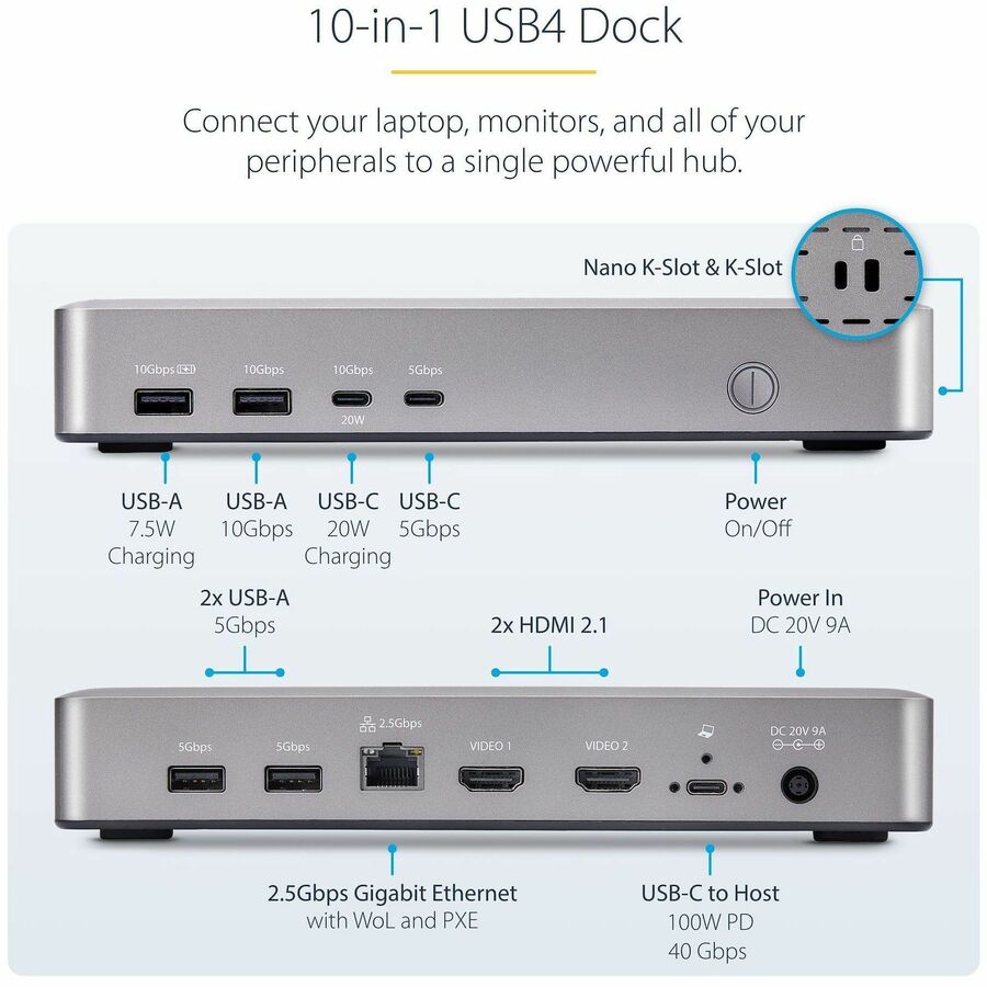 StarTech.com USB4 Docking Station, USB-C 40Gbps, up to Dual 4K 60Hz HDMI, Multi-Monitor Dock, 6-Port USB Hub, 2.5GbE, 100W Power Delivery 155NA-USB4-DOCK