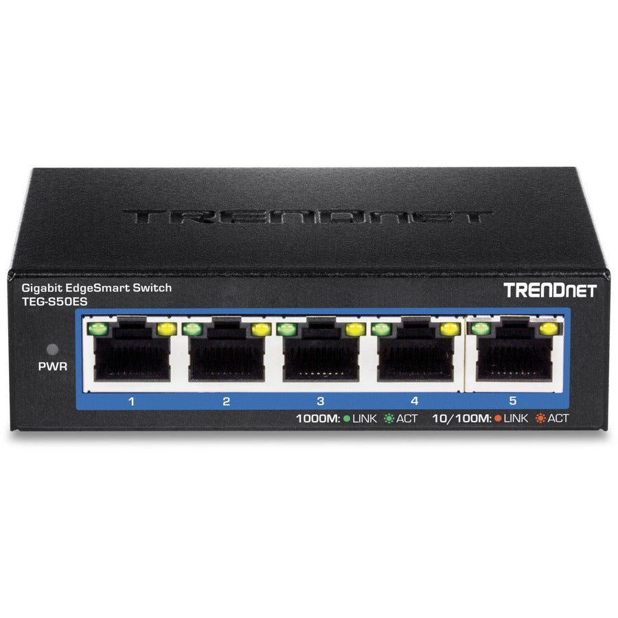 TRENDnet 5-Port Gigabit EdgeSmart Switch; TEG-S50ES; 5 x Gigabit Ports; 10Gbps Switch Capacity; Ethernet Network Desktop Switch; Managed Smart Gigabit Switch; Metal; Fanless; Lifetime Protection TEG-S50ES