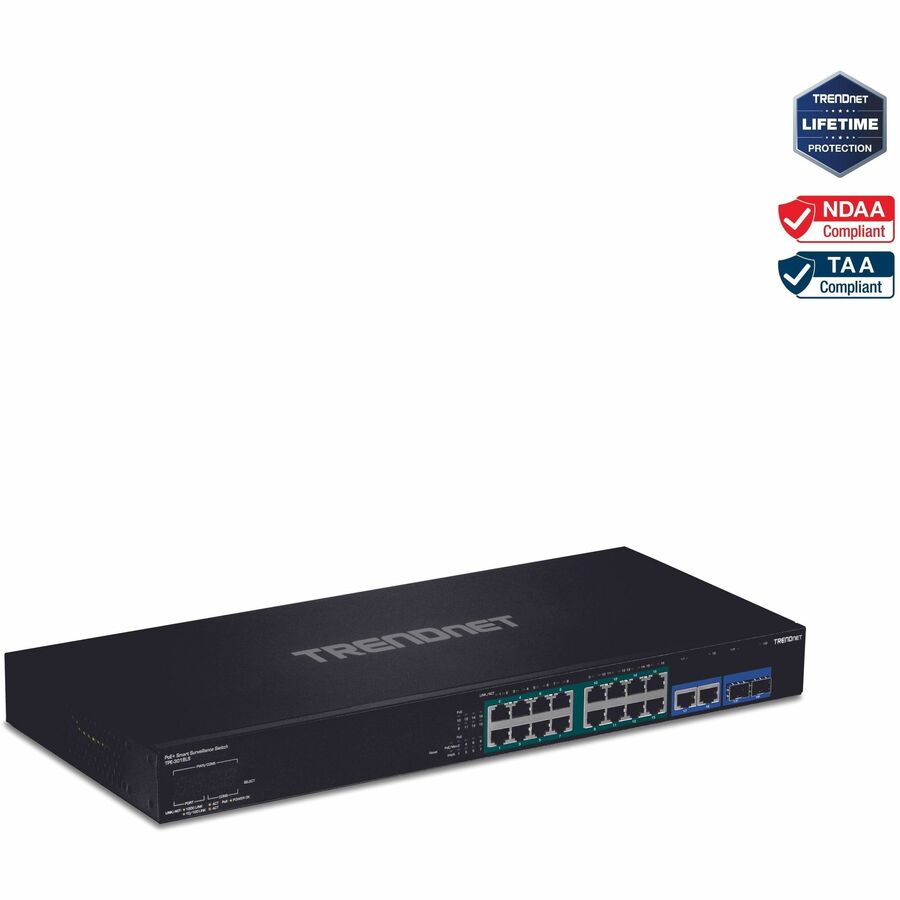 Roll over image to zoom in TRENDnet 18-Port Gigabit PoE+ Smart Surveillance Switch with 16 x Gigabit PoE+ Ports; TPE-3018LS; 2 x Shared Gigabit Ports (RJ-45 or SFP); 220W PoE Budget; Long Range PoE+; VLAN; QoS; LACP; ONVIF TPE-3018LS