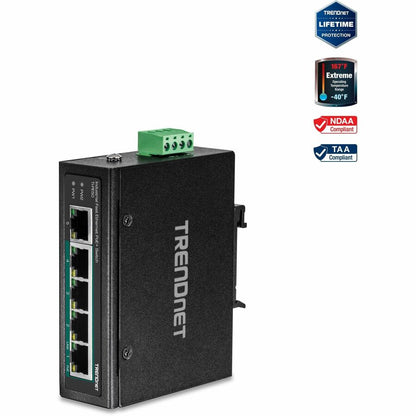 TRENDnet 5-Port Industrial Fast Ethernet DIN-Rail Switch, 4 x Fast Ethernet PoE+ Ports, 1 x Fast Ethernet Port, 90W PoE Power Budget, DIN-Rail, IP30 Rated, Lifetime Protection, Black, TI-PE50 TI-PE50