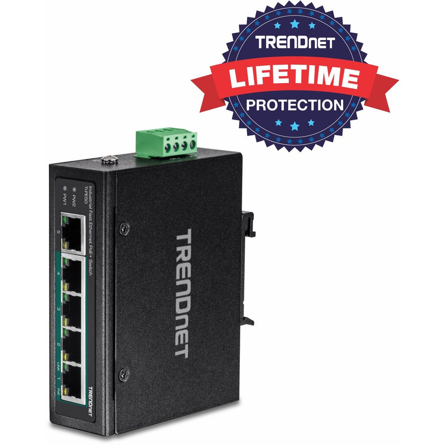 TRENDnet 5-Port Industrial Fast Ethernet DIN-Rail Switch, 4 x Fast Ethernet PoE+ Ports, 1 x Fast Ethernet Port, 90W PoE Power Budget, DIN-Rail, IP30 Rated, Lifetime Protection, Black, TI-PE50 TI-PE50