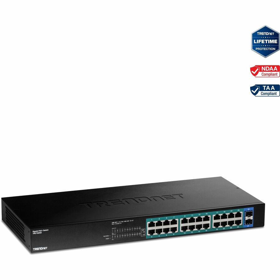 TRENDnet 26-Port Gigabit PoE+ Switch, 24 x 30W PoE+ Ports, 2 Gigabit SFP Slots, 380W PoE Budget, 52Gbps Switching Capacity, 1U 19" Rack Mountable, Lifetime Protection, Black, TPE-TG262 TPE-TG262