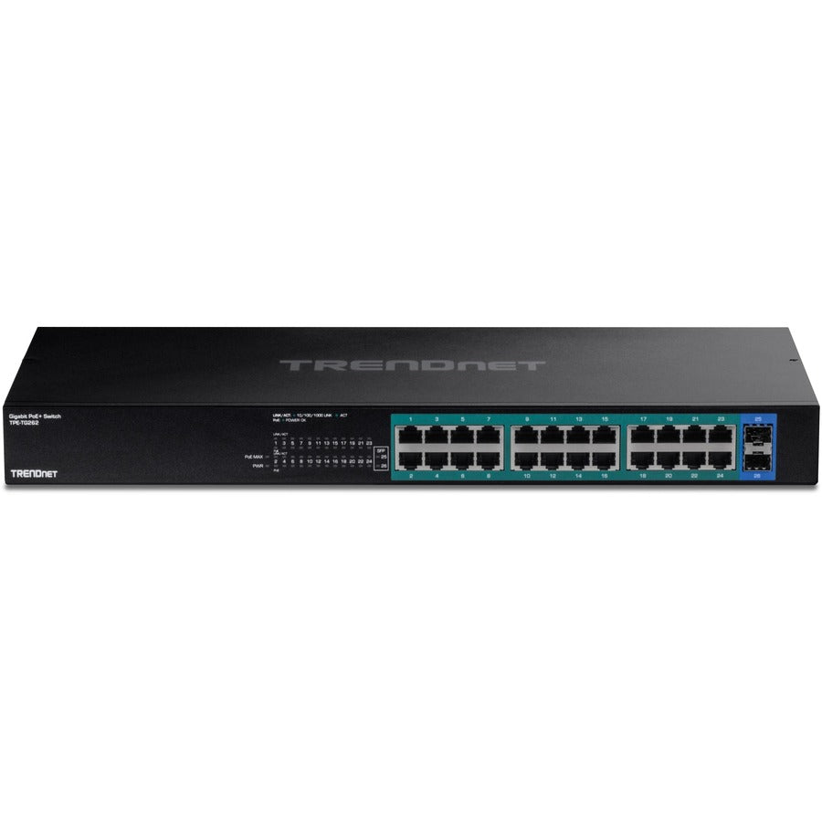 TRENDnet 26-Port Gigabit PoE+ Switch, 24 x 30W PoE+ Ports, 2 Gigabit SFP Slots, 380W PoE Budget, 52Gbps Switching Capacity, 1U 19" Rack Mountable, Lifetime Protection, Black, TPE-TG262 TPE-TG262