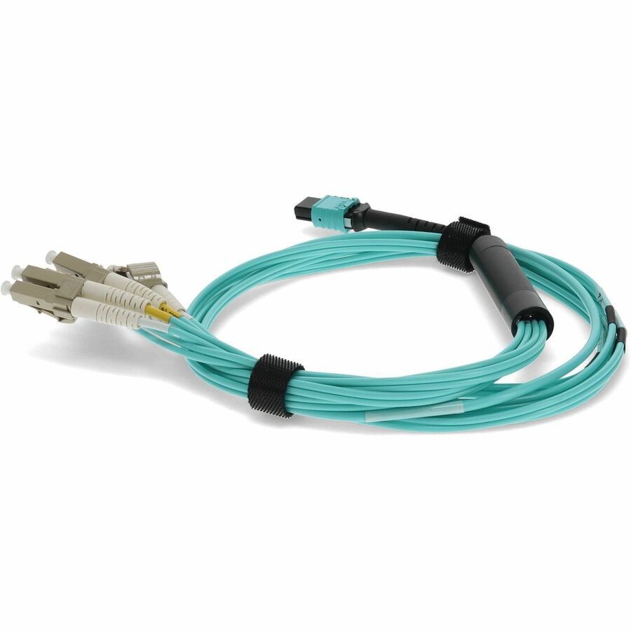 AddOn 10m MPO Female/4LC Male Duplex OM3 50/125 OFNR (Riser-Rated) LOMM Aqua Fan-out Cable ADD-MPO-4LC10M5OM3