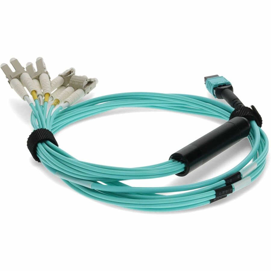 AddOn 10m MPO Female/4LC Male Duplex OM3 50/125 OFNR (Riser-Rated) LOMM Aqua Fan-out Cable ADD-MPO-4LC10M5OM3