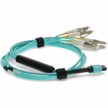 AddOn 10m MPO Female/4LC Male Duplex OM3 50/125 OFNR (Riser-Rated) LOMM Aqua Fan-out Cable ADD-MPO-4LC10M5OM3