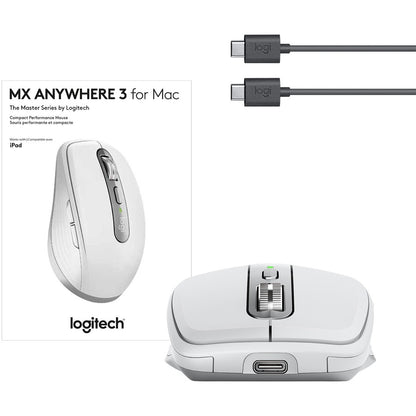 Logitech MX Anywhere 3 for Mac Compact Performance Mouse, Wireless, Comfortable, Ultrafast Scrolling, Any Surface, Portable, 4000DPI, Customizable Buttons, USB-C, Bluetooth, Apple Mac, iPad, Pale Gray 910-005899