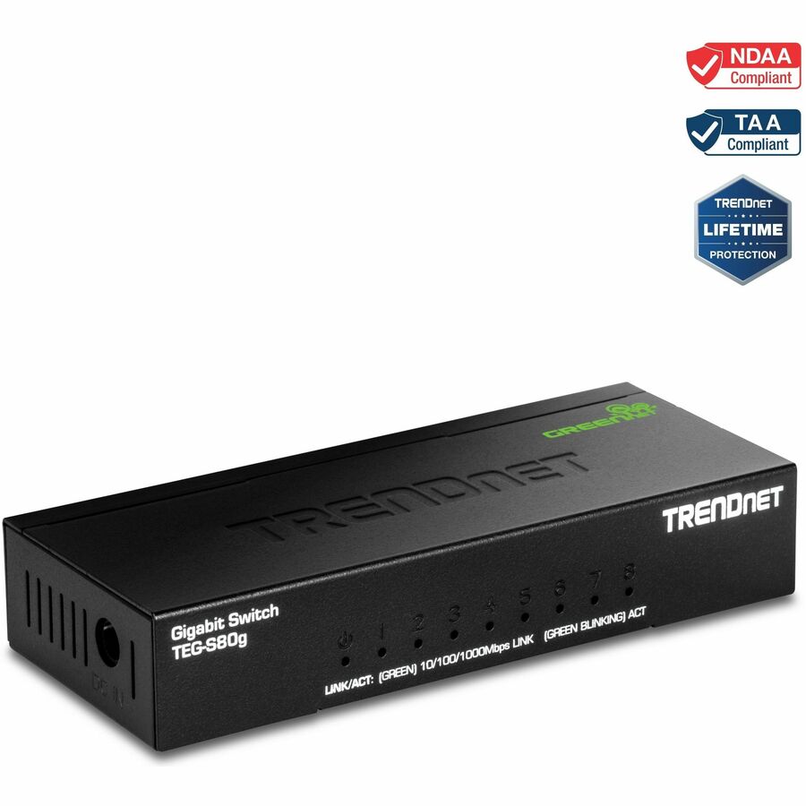 TRENDnet 8-Port Unmanaged Gigabit GREENnet Desktop Metal Switch, Fanless, 16Gbps Switching Capacity, Plug & Play, Network Ethernet Switch, Lifetime Protection, Black, TEG-S80G TEG-S80G