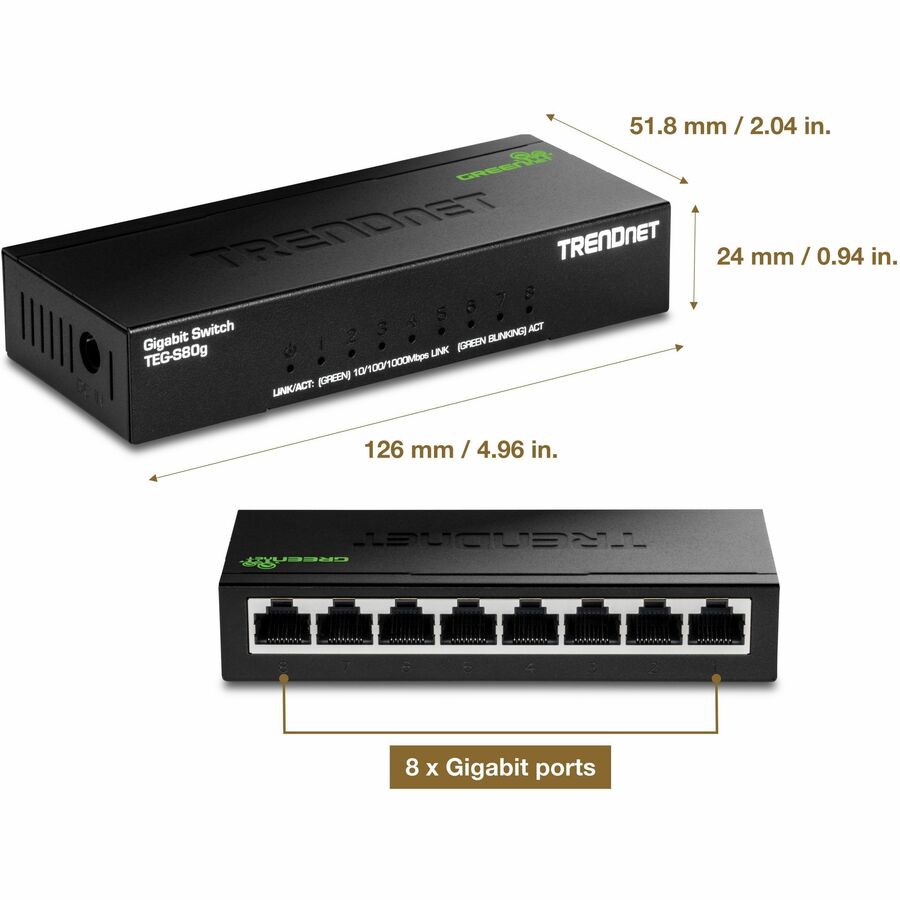 TRENDnet 8-Port Unmanaged Gigabit GREENnet Desktop Metal Switch, Fanless, 16Gbps Switching Capacity, Plug & Play, Network Ethernet Switch, Lifetime Protection, Black, TEG-S80G TEG-S80G