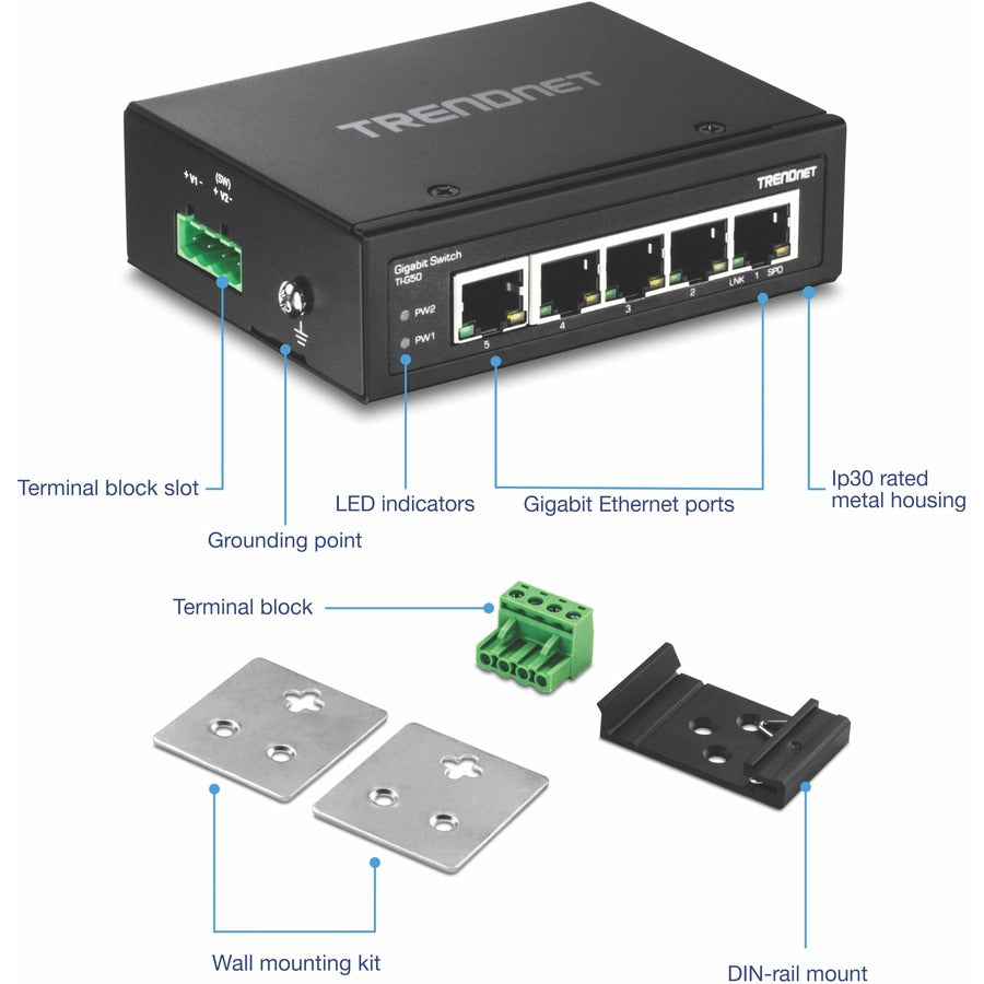 TRENDnet 5-Port Hardened Industrial Gigabit DIN-Rail Switch, 10 Gbps Switching Capacity, IP30 Rated Network Switch (-40 to 167 F), DIN-Rail & Wall Mounts Included, Lifetime Protection, Black, TI-G50 TI-G50