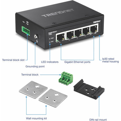 TRENDnet 5-Port Hardened Industrial Gigabit DIN-Rail Switch, 10 Gbps Switching Capacity, IP30 Rated Network Switch (-40 to 167 F), DIN-Rail & Wall Mounts Included, Lifetime Protection, Black, TI-G50 TI-G50