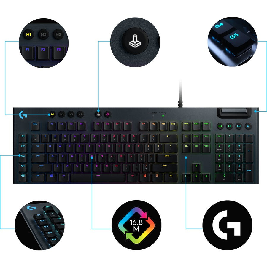 Logitech G815 LIGHTSYNC RGB Mechanical Gaming Keyboard with Low Profile GL Tactile key switch, 5 programmable G-keys,USB Passthrough, dedicated media control, black and white colorways 920-008984