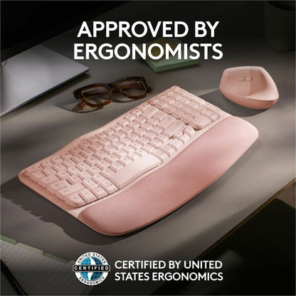 Logitech Wave Keys Wireless Ergonomic Keyboard with Cushioned Palm Rest, Comfortable Natural Typing, Easy-Switch, Bluetooth, Logi Bolt Receiver, for Multi-OS, Windows/Mac, Rose 920-012276